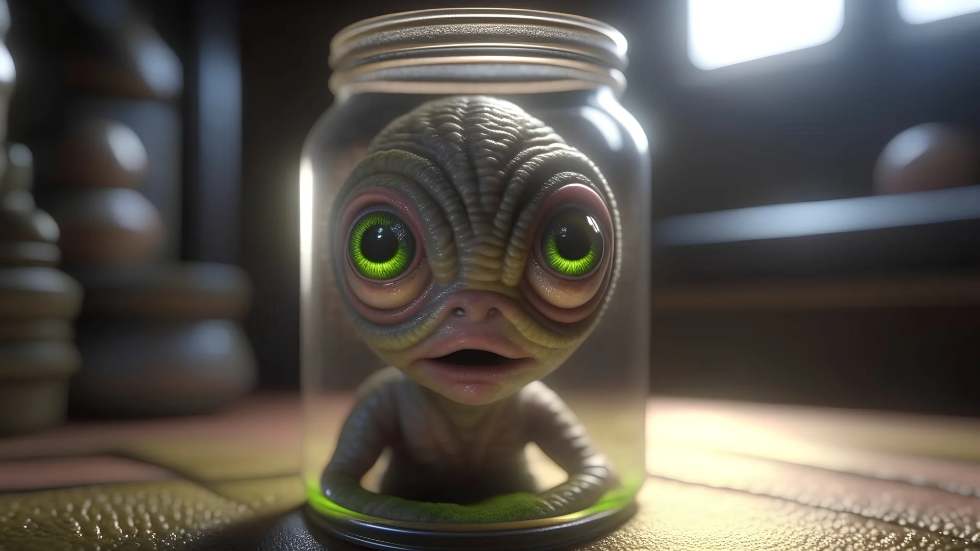 small realistic Grey son Alien Baby horror trapped in a jar, Unreal Engine, cinematic