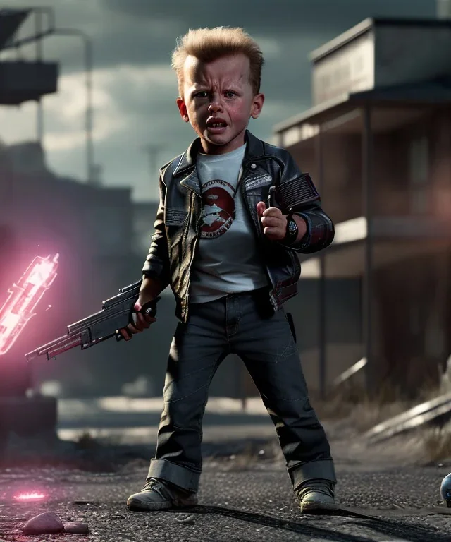 The Terminator toddler, shotgun, full body, dramatic lighting, angry, hyper realistic