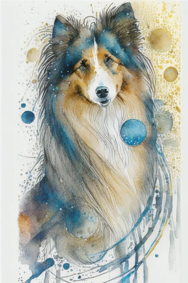 Abstract wet watercolour of a rough collie, ink lines, interlinked circles,detailed focus on eyes