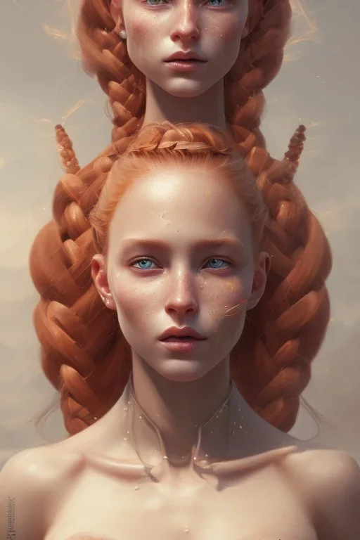 Woman, 90kg, beautiful, orange hair, two braids, bangs, rossi eyes, big eyes, freckles, long eyelashes, Frozen, 8k resolution concept art by Greg Rutkowski