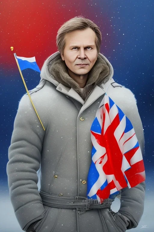 Portrait of Matti Nykänen with Finland flag in winter landscape.