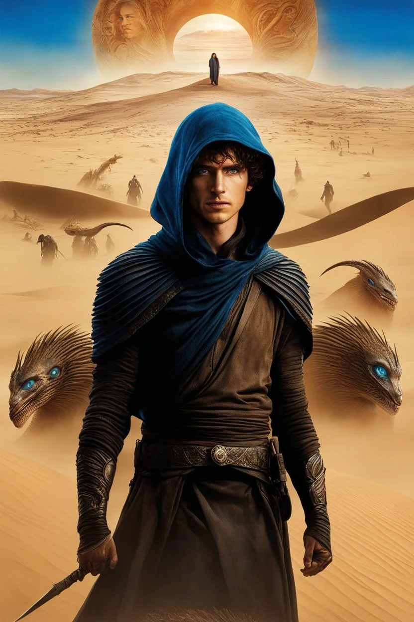 Movie 'Dune' aesthetic, double exposure movie poster featuring blue eyes mid-length haired hooded Paul Atriedes (Timothée Chalamet) leading Arrakis desert Fremen warriors, sand worm in background, modern movie poster composition reminiscent of Drew Struzan, artistic digital photography, sci-fi