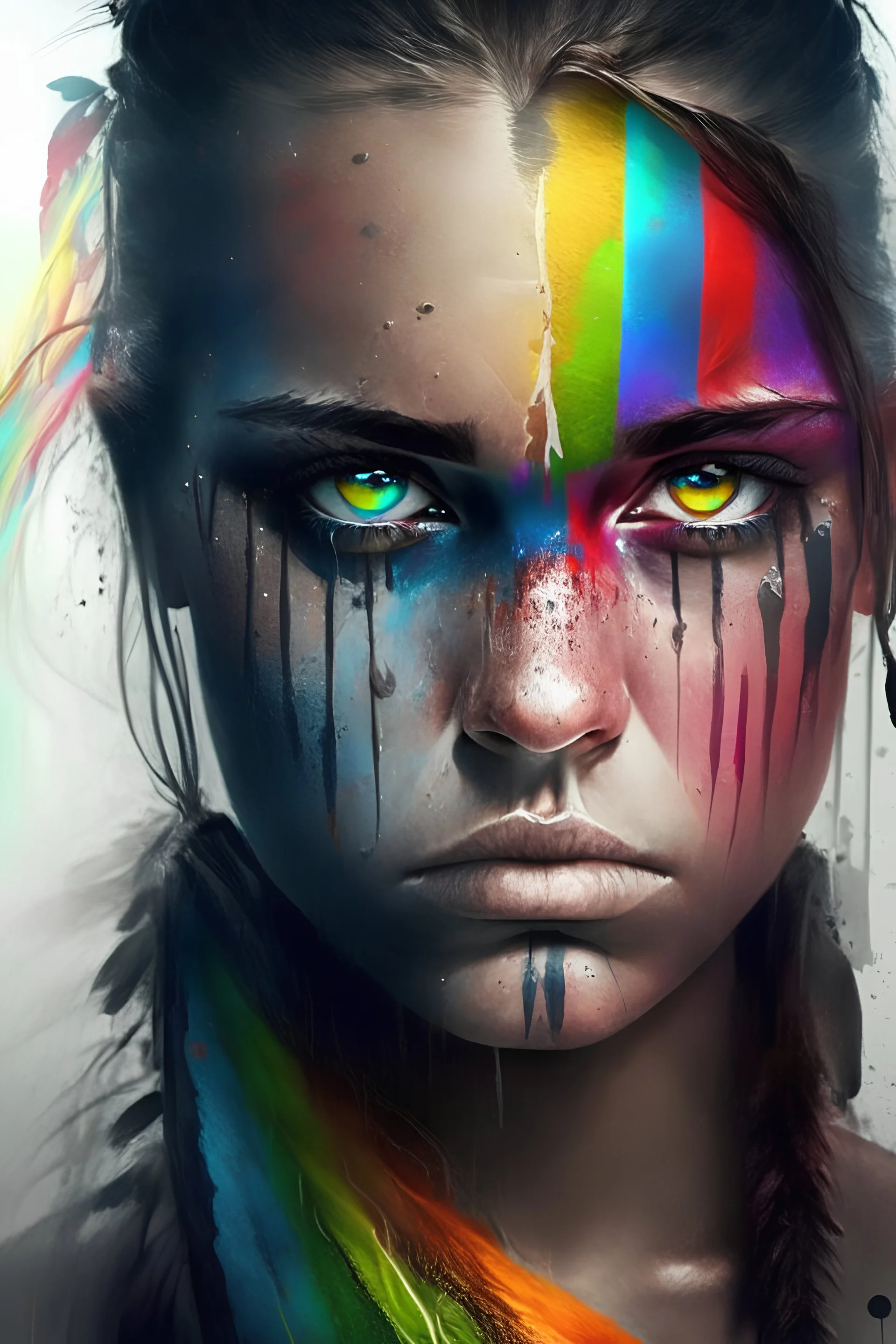 Beautiful girl with rainbow eyes, warrior, strong, sad, resilient, full body.