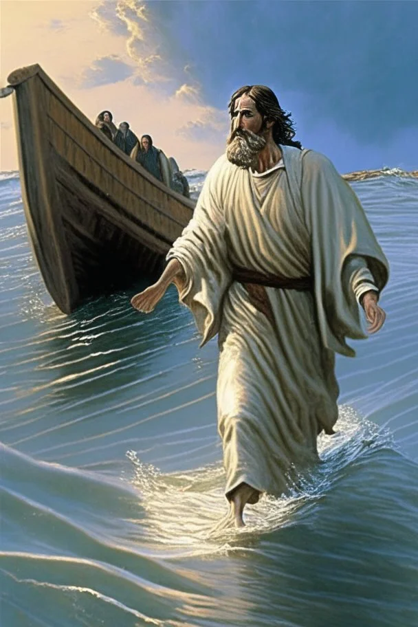 Peter walking on water from the boat going to Jesus Christ on the shore