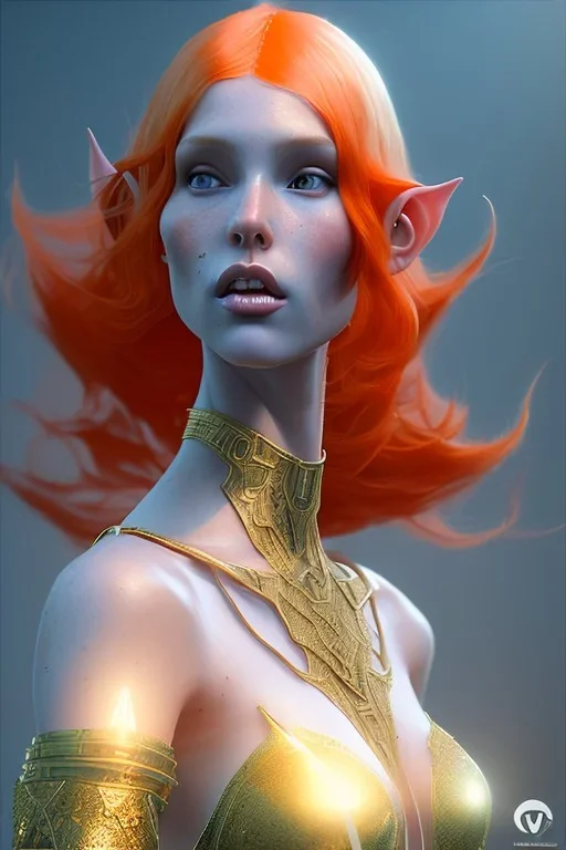 painting of a tall elven young woman with short light orange hair and freckles on the cheak bones and tall body of a topmodel light clothes, full body shot, ultra realistic, concept art, intricate details, eerie, highly detailed, photorealistic, octane render, 8 k, unreal engine. art by artgerm and greg rutkowski and charlie bowater and magali villeneuve and alphonse mucha