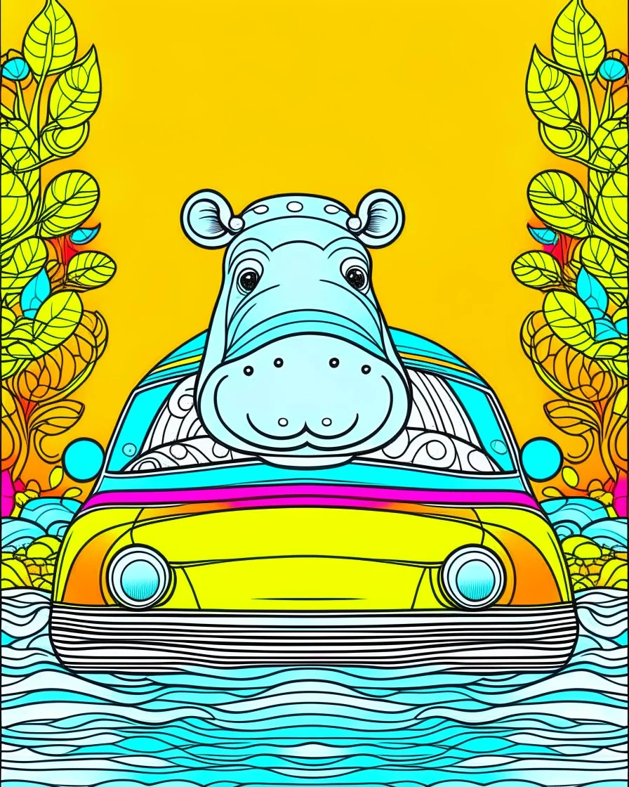 create a 2d colorful outline, "hippo driving tourist car coloring book for kids ", coloring cover, low details design, black contour, coloring cover design,safari background, colorful , card style, coloring cover for kids, colorful background