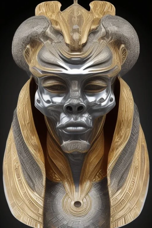 Anunnaki black male African Egyptian alien, cracks in the voodoo head, wicked, eyes, Elephant, 8k, finely detailed, photo realistic, tiger turquoise skull head gold dragon helmet space alien silver surfer skeleton gold olmec silver crown silver eyes