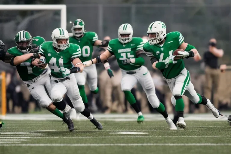 Boston Shamrocks Football team playing against the Toronto Rifles Football team, vintage, hyper-realistic, in color, tv broadcast