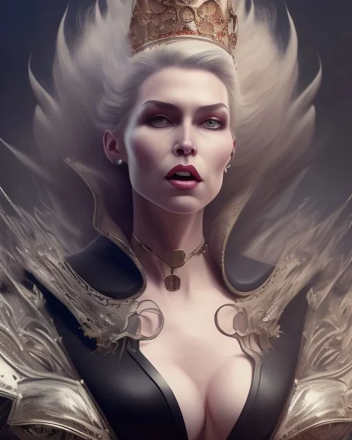 evil queen in leather gown, busty, cleavage, angry, emperious, 8k resolution concept art portrait by Greg Rutkowski,