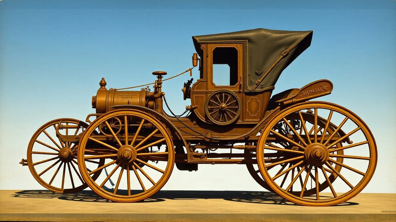 Detailed, realistic painting of the Benz Motorwagen, with intricate mechanical details and shading, by Jan van Eyck and Leonardo da Vinci, (long shot), clear blue sky, studio lighting.