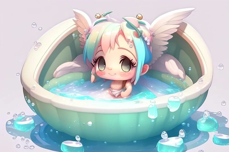 cute anime chibi fairy in the bathtube in foam bath