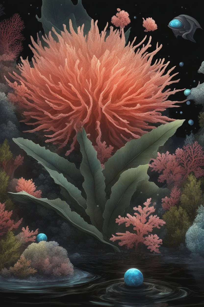Exotic Flora, fauna, and coral at the End of the Multiverse rising from a black liquid surface.