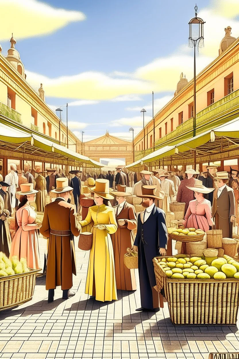 1890s city market people socialicing in the sun digital art