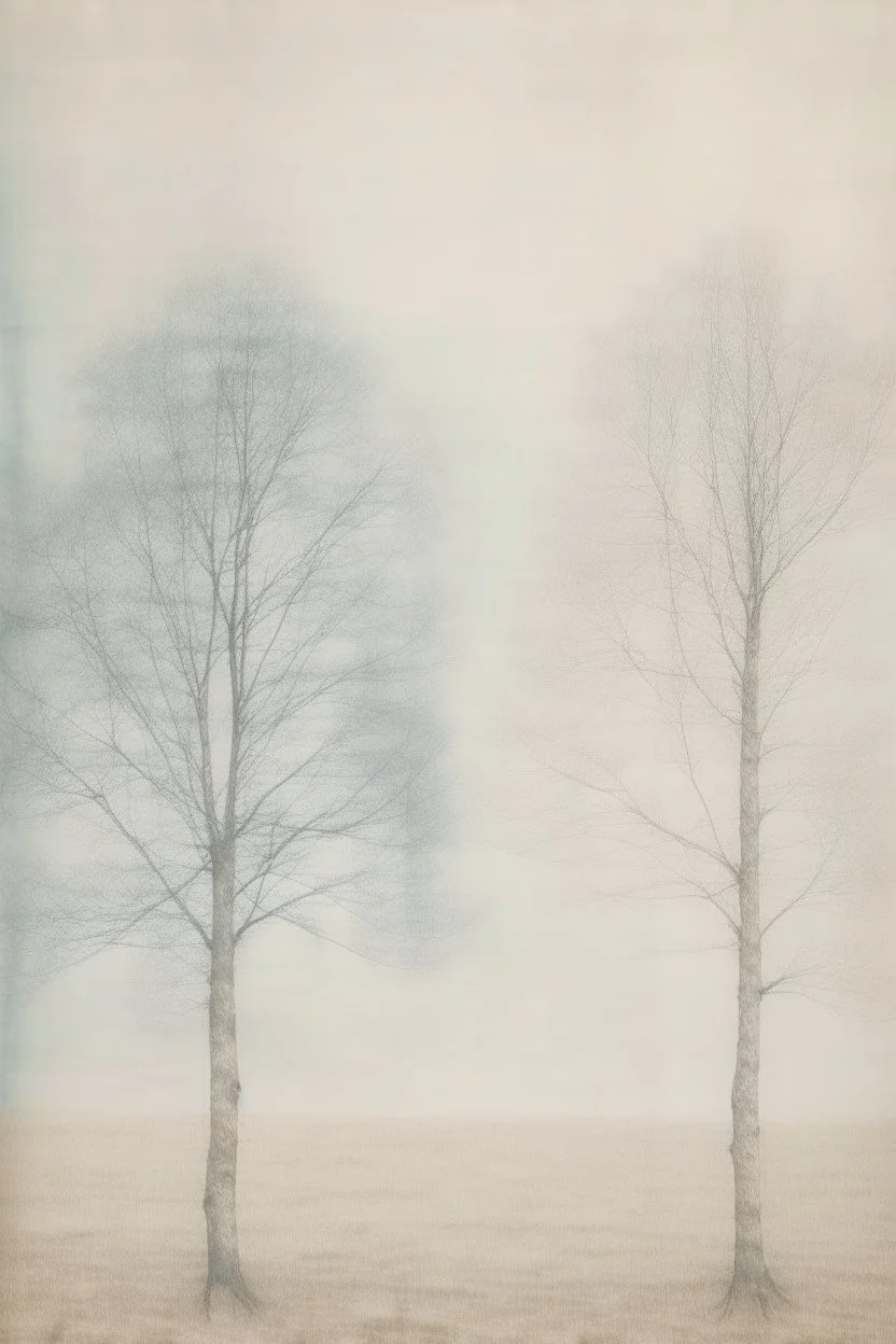 Minimalist rough abstract dusty pastel chalk drawing of oak trees in winter on a textured gesso background.