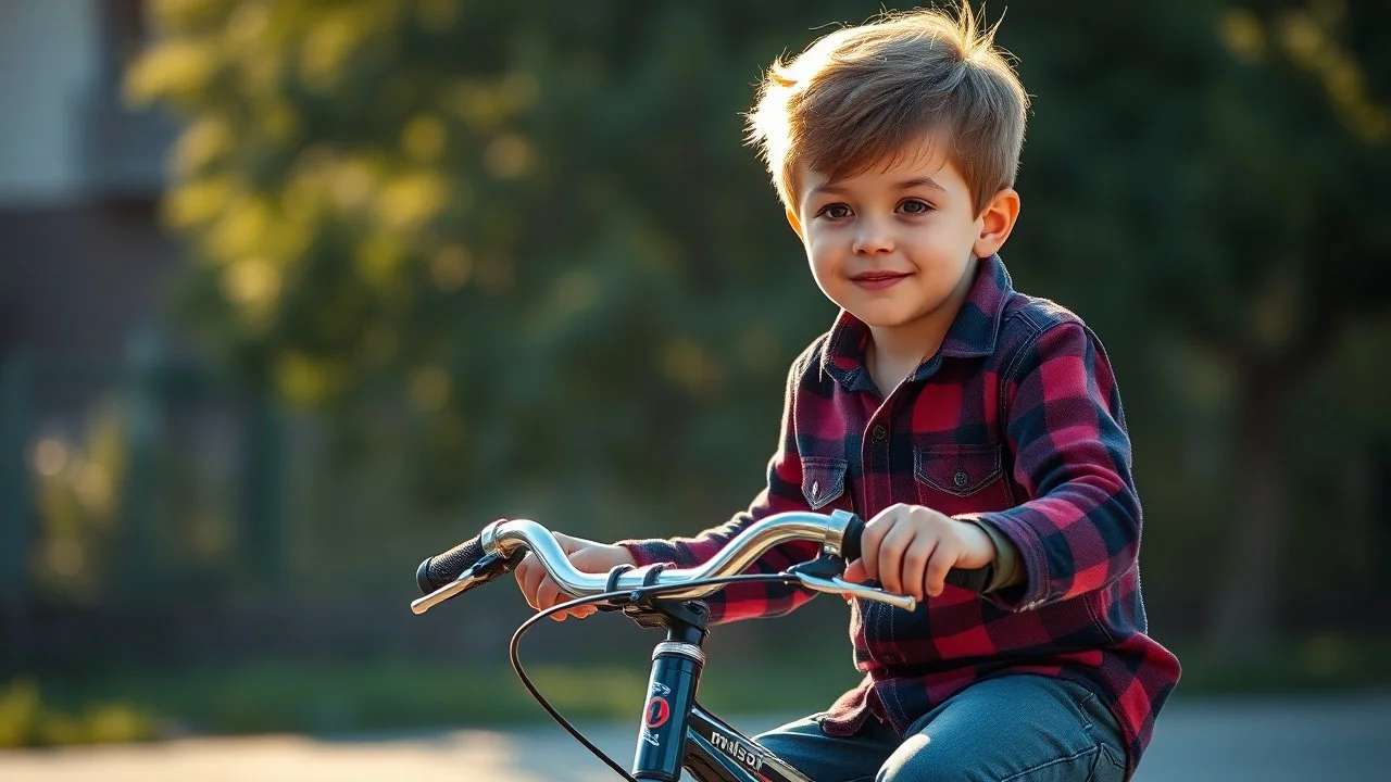 Young schoolboy riding a bicycle, award-winning colour photograph, beautiful lighting, accurate mechanism