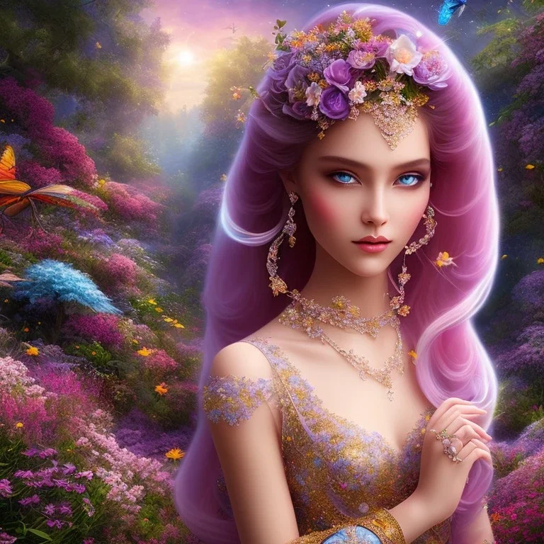 bright fairy, beautiful portrait, flowery landscape