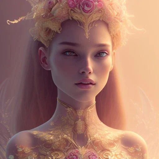 crystal rose beautiful girl smile,utra realistic,highly detailed, gold, pink, jewels, lace, masterpiece, delicate detailed, sharp focus, insanely detailed, fantasy art, intricate detailed, elegant, fog, Special Lighting, Vibrant, color Scheme, forest, unreal engine 5, trending on artstation