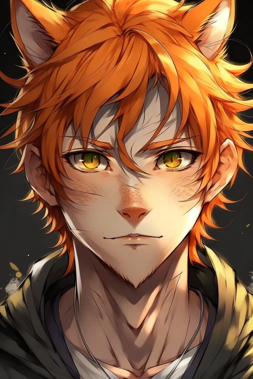 A young adult male human, cat ears, orange messy hair anime realistic tiger stripes