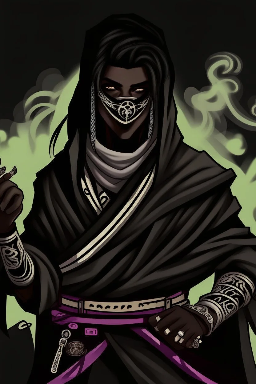 Male Air genasi fra d&d with black skin smoke some hair an Asian skin ghostly appearance with a Smokey undertone