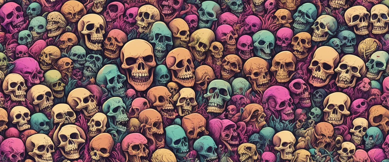 a field of 1000s of cartoonish, anatomically correct, skulls, vivid RANDOM BRIGHT neon colors, dark comedy, well lit, high detail, photorealistic, horrorcore, fun, scary, dead, 100% detail on all drawn, nothing partial or filler