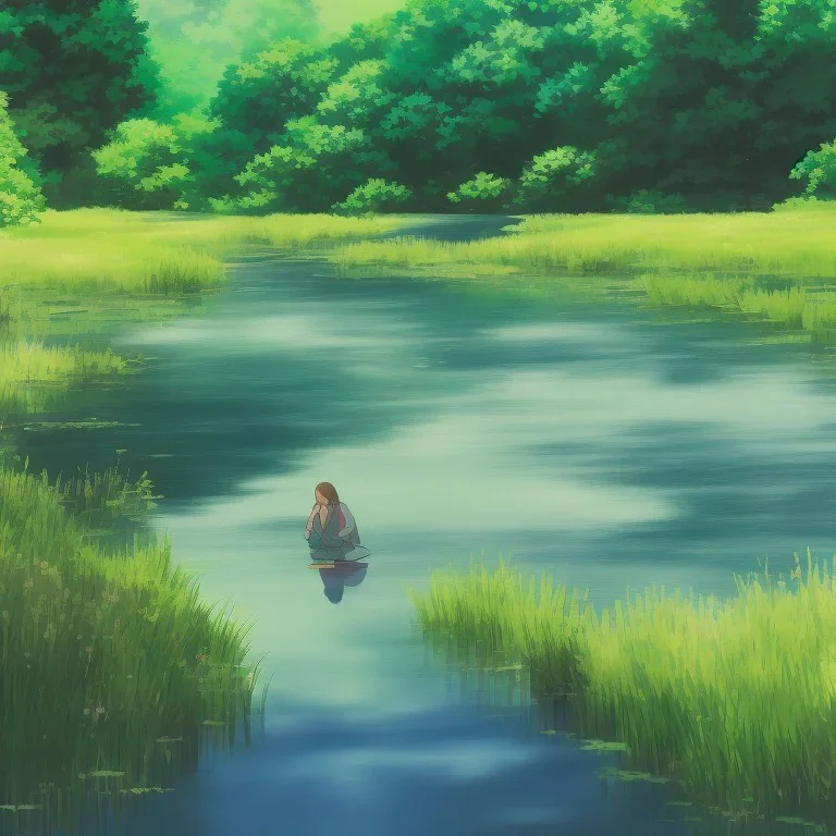 Girl sitting by the river, green landscape with bioluminescent trees, high quality, intricate detail, sharp focus, theme park, romantic, at dusk, light dust, makoto shinkai, studio ghibli