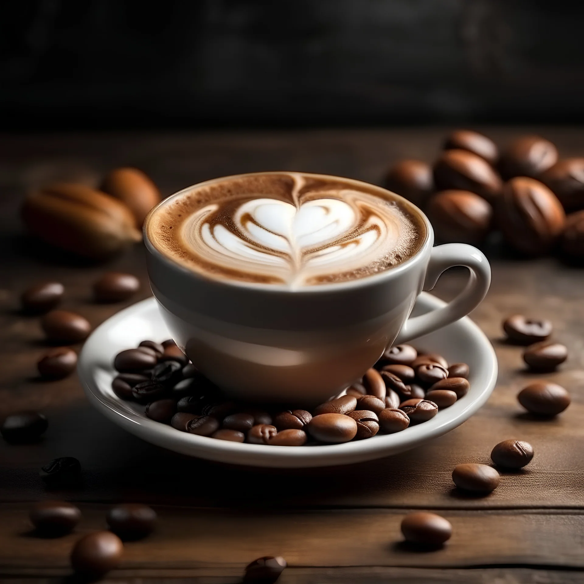 Cup of coffee latte with heart shape and coffee beans on old wooden background