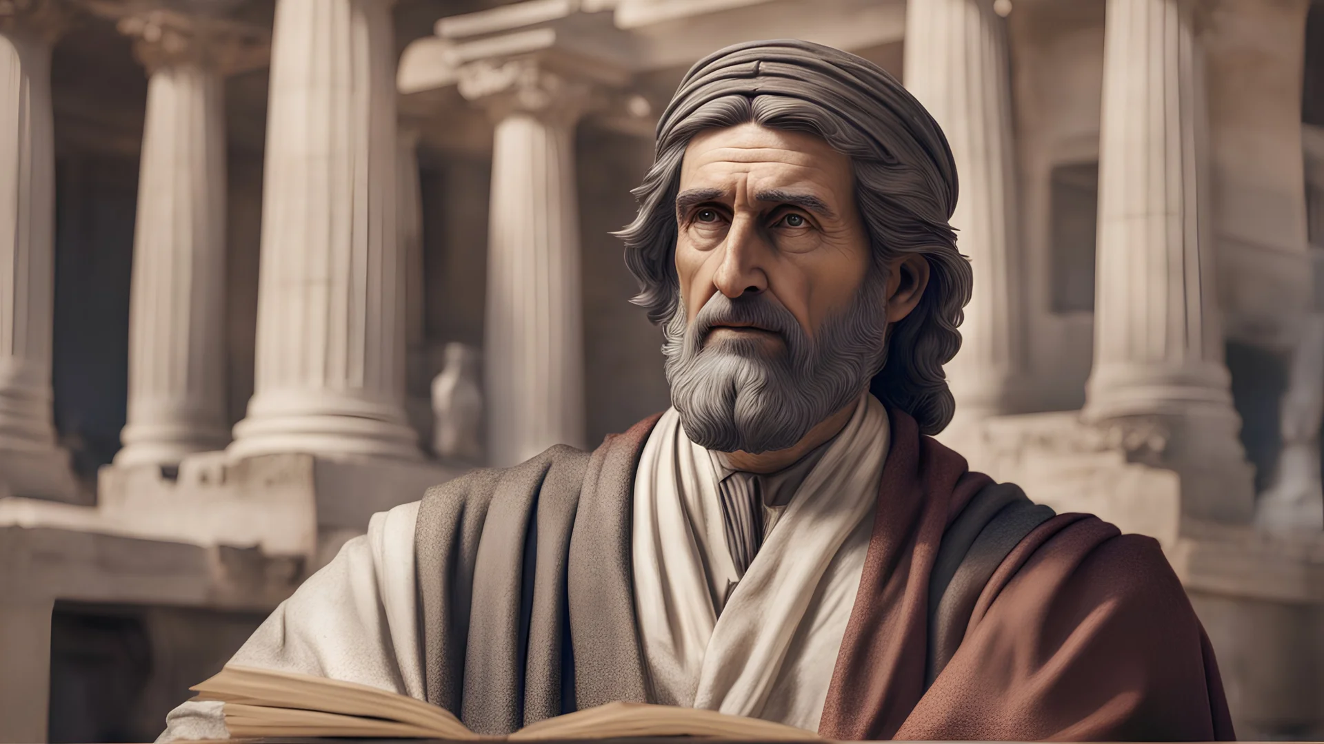 realistic Photo Tertullian in Athens, discussing and reading from scrolls, hd, 4k, handsome, detailed face, the cross
