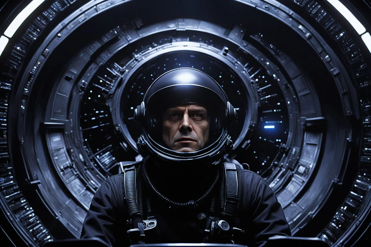 [movie shot by H.R. Giger in Verve colour palette] Cinematic side-profile of a pilot in a futuristic spaceship, slammed into his seat by extreme G-forces. Facial features strain under pressure. A round porthole beside him shows the dark void of space with faint star streaks. Cockpit illuminated by glowing panels and dramatic rim light, high-detail realism.