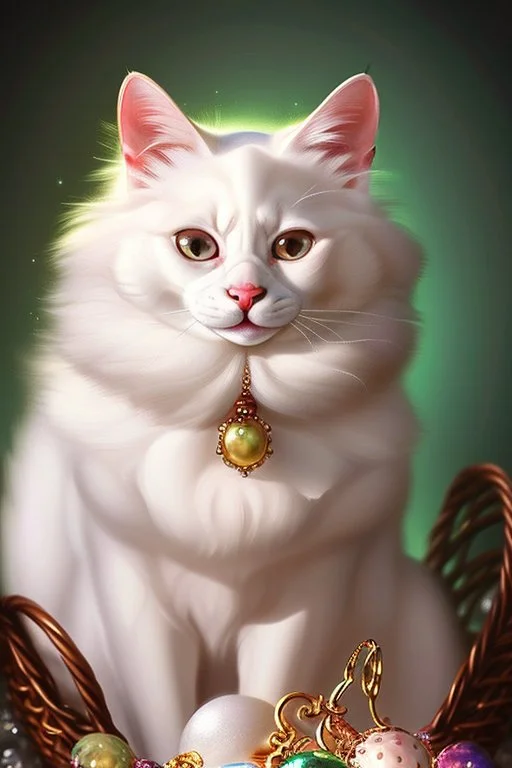 An adorable white smiling cat holding a basket of jewels and gems. His fur is realistic. The background is a romantic carpet bokeh digital painting extremely detailed studio lighting crisp quality and light reflections 8k cinematic lighting portrait photorealistic ultra detailed cinematic postprocessing focused