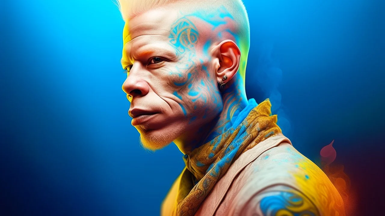 albino man with tattoo in the style of afrofuturism, wealthy portraiture, colorful, kimoicore, harlem renaissance, atmospheric, vibrant color washes