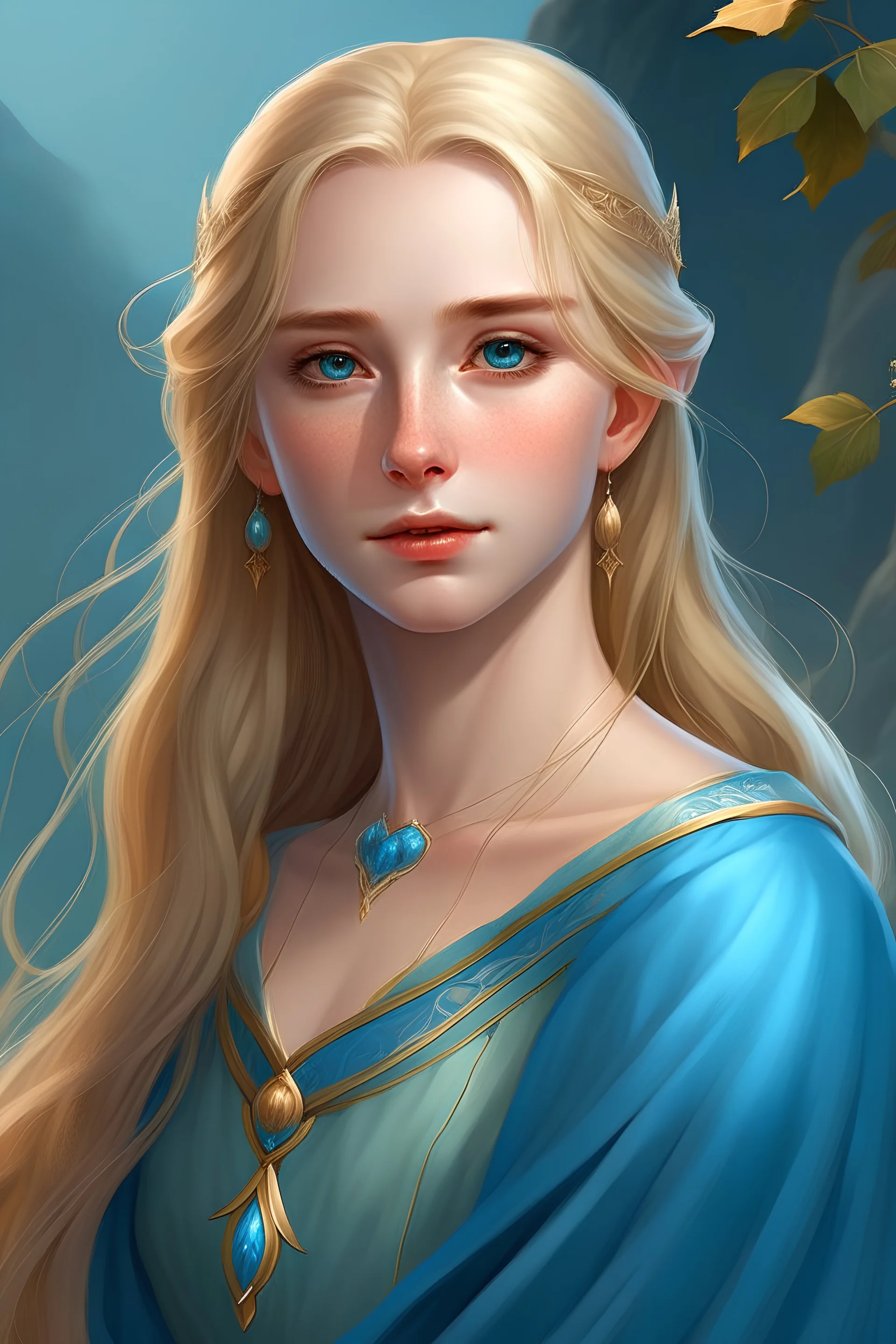 silmarillion, female elf princess, young woman, cute face, high cheekbones, azure blue eyes, long honey blonde hair, light eyebrows, light blue dress