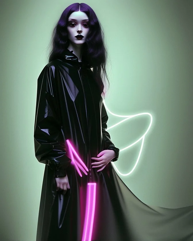 painting by koson ohara and marta bevacqua, portrait of a beautiful goth woman with long black hair, wearing a plastic raincoat, purple neon lighting, 8k, high quality, highly detailed