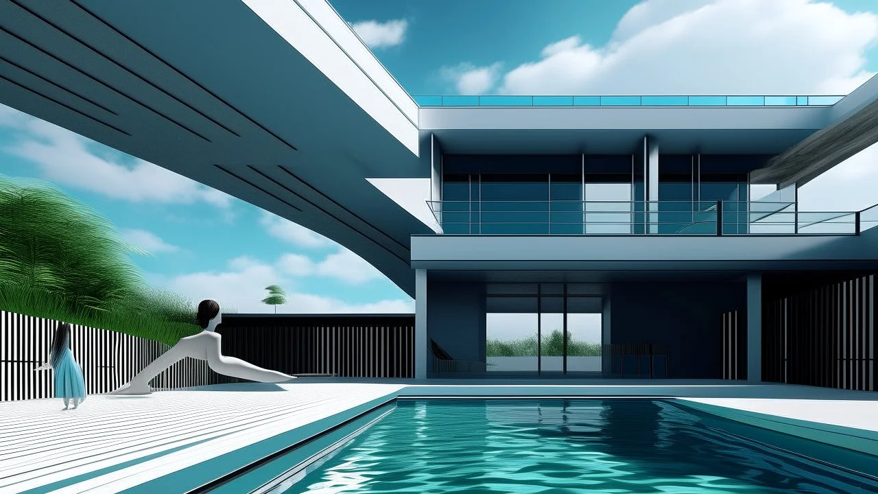 Modern architectural design with a swimming pool in the foreground. Futuristic luxury and minimalist design on a cloudy day. In the foreground, at the edge of the pool, is a female figure in a bikini with her back to the camera.