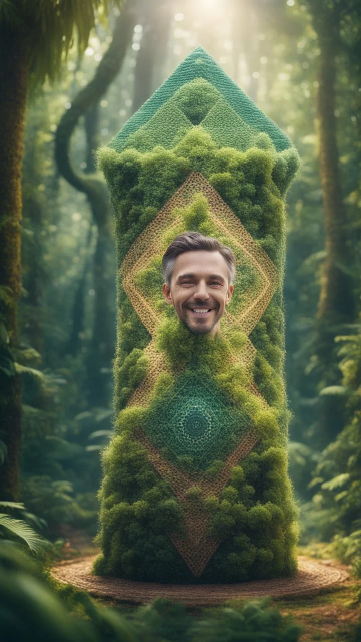 portrait of a happy blissed person woven into a sacred geometry knitted tapestry tower in the middle of lush magic jungle forest, bokeh like f/0.8, tilt-shift lens 8k, high detail, smooth render, down-light, unreal engine, prize winning