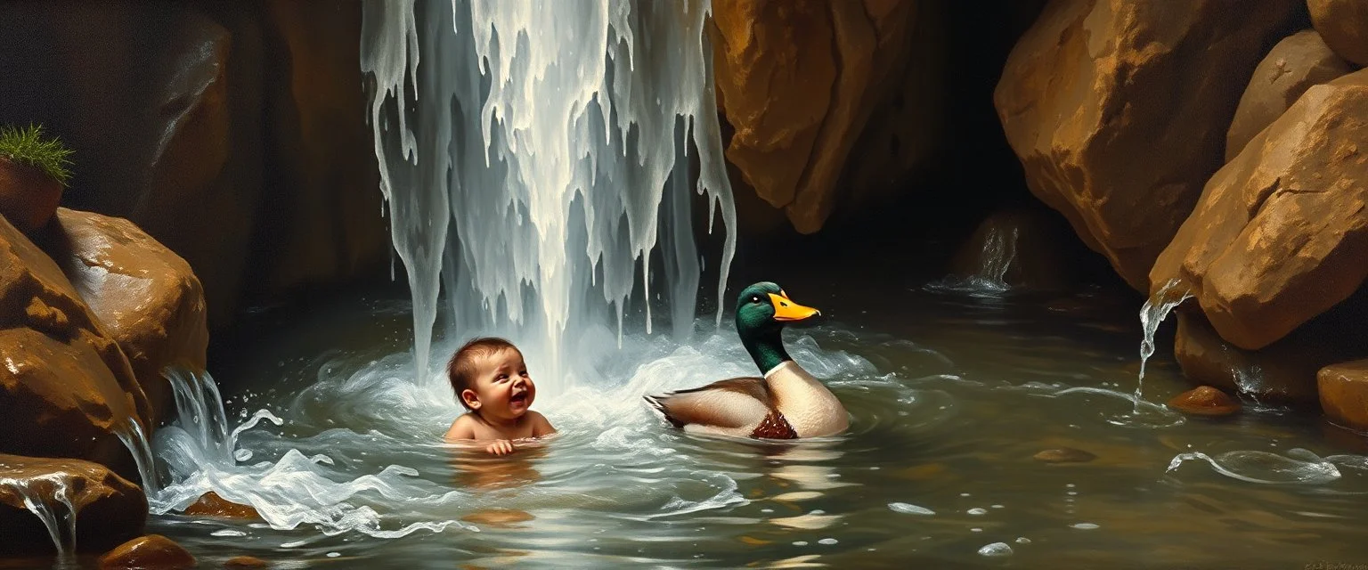 master oil painting by Rembrandt,cute trolls bading baby inside waterfall with huge duck