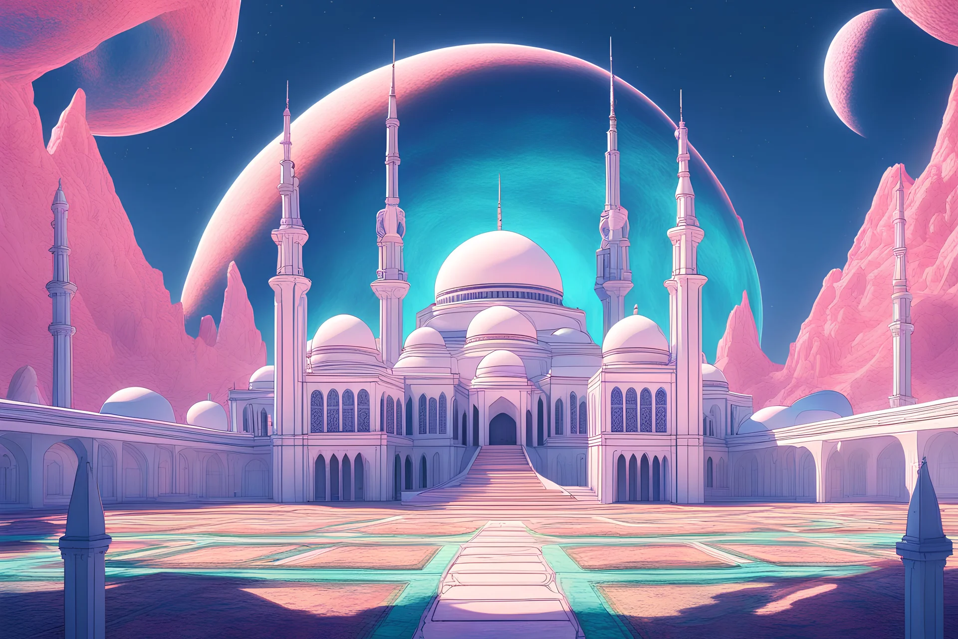 Generate an otherworldly scene of a mosque on an alien planet, with vibrant, luminescent structures and a surreal, extraterrestrial landscape in the background.