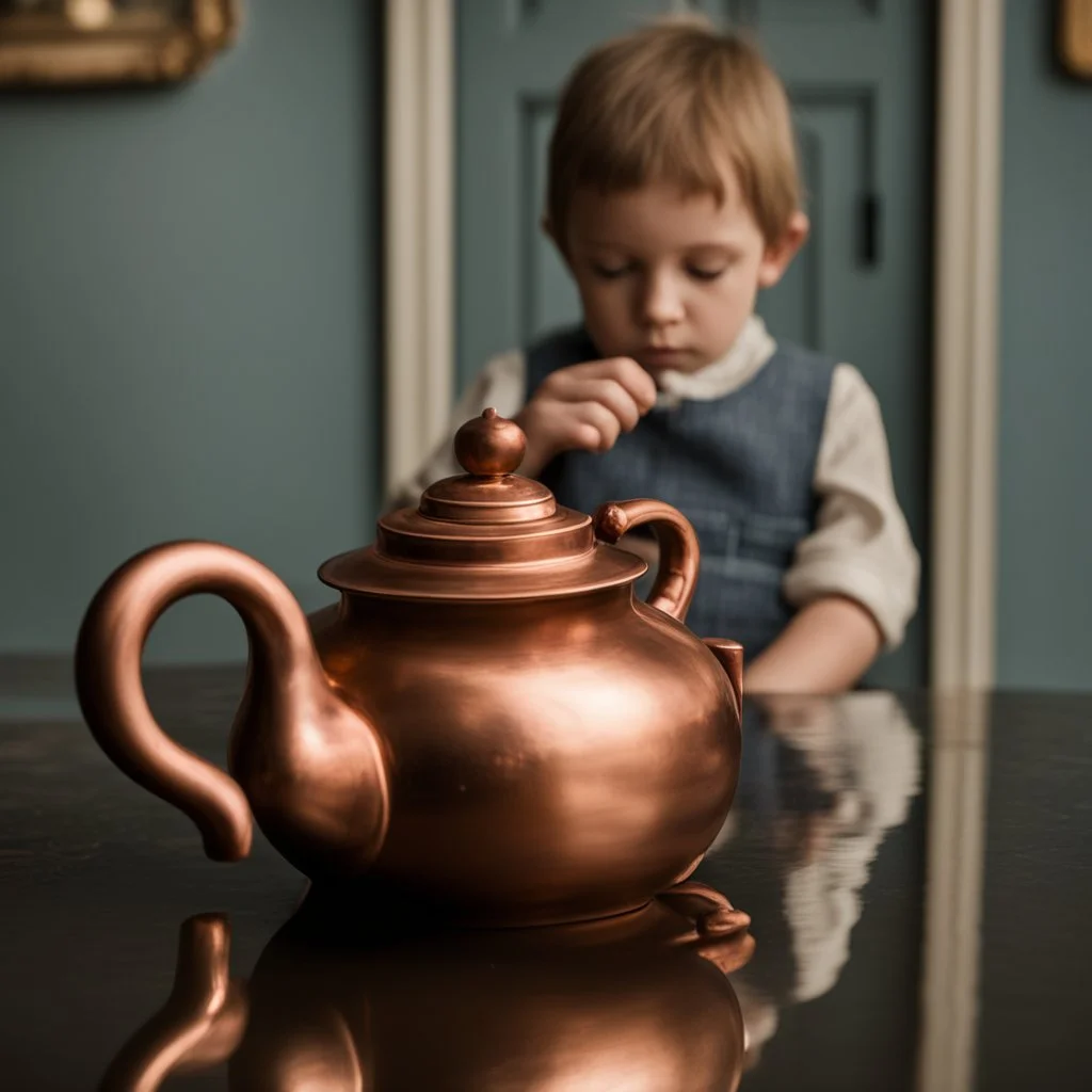 The reflection of a child on the surface of an old copper teapot