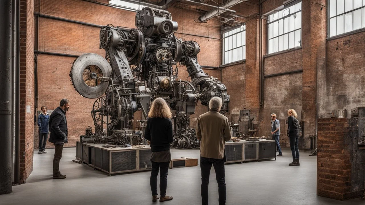 In the industrial setting a gallery opening with visitors in big old tall factory, in the front stands an human-machine big metal sculpture from handmade recycled objects, industrial art, devian art, metal textures, in background on the bricks walls pictures from steampunk things and abstract paintings, visitors watching pictures and sculpture, sharp focus, high detailed, beautifully shot, hyperrealistic, perfect composition