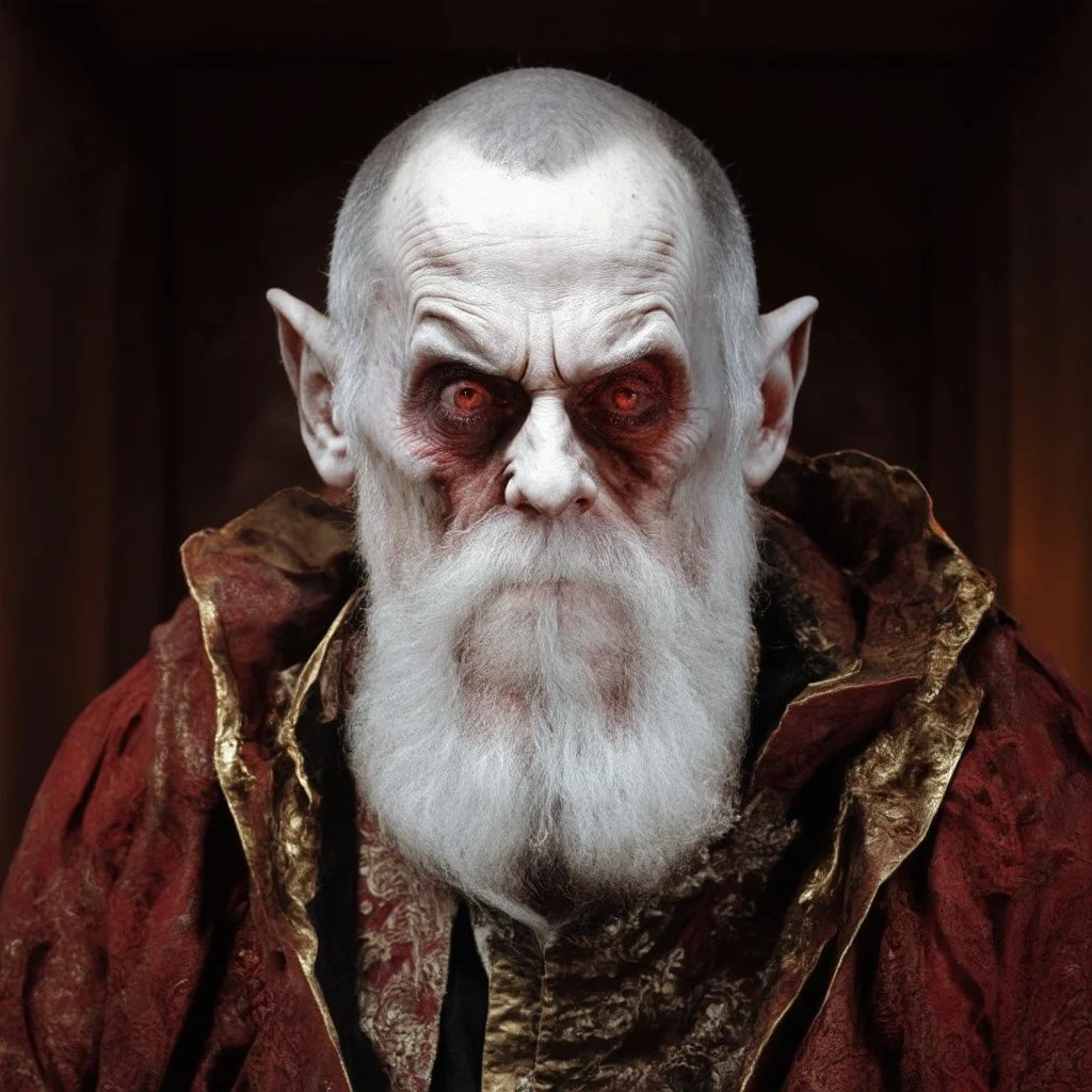 very grainy discolored modern photo, closeup portrait, dark ancient hall with no lights, grunge, extremely old male with chalk-white skin wearing old dashing and opulent gilded clothes, threatening, imposing, nosferatu