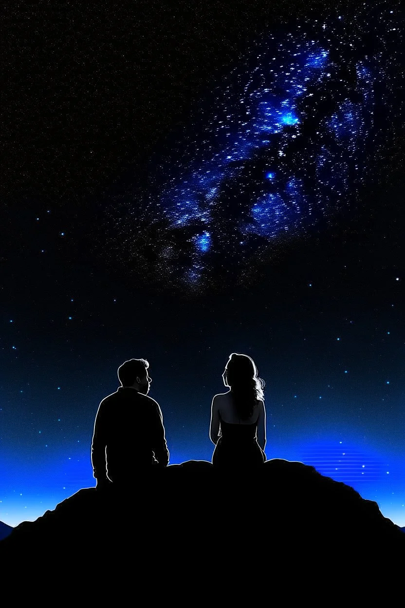 black background on a mountaintop with two silhouettes of a fit man and a silhouette of a fit woman sitting next to each other looking at the stars