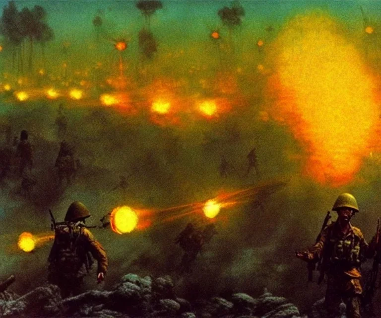 vietnam war. war. napalm. bokeh. lens flare. warm lights. high detailed. beksinski