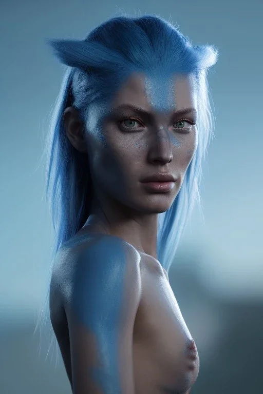 portriate of beautiful blue na'vi warrior, volumetric lighting, particles, intricate detail, realistic, close up