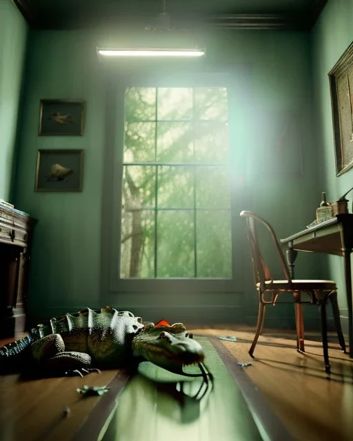 Room scene with alligator sleeping, Wes Anderson styler, realistic image, concept art, smooth, unreal engine 5, god lights, ray tracing, RTX, lumen lighting, ultra detail, volumetric lighting, 3d.