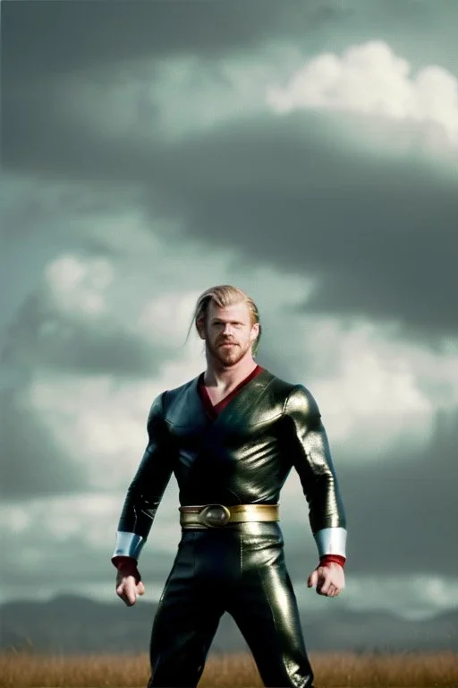 retro portrait image from 1960, sky background, wind, extra long blonde hair, fighting stance, young Chris Hemsworth, clean shave face, black dress, classic long tight lycra black suit, big red cap, silver latex with scales on the arms, gold bracelet and belt, high boots, soft color, highly detailed, unreal engine 5, ray tracing, RTX, lumen lighting, ultra detail, volumetric lighting, 3d, finely drawn, high definition, high resolution.