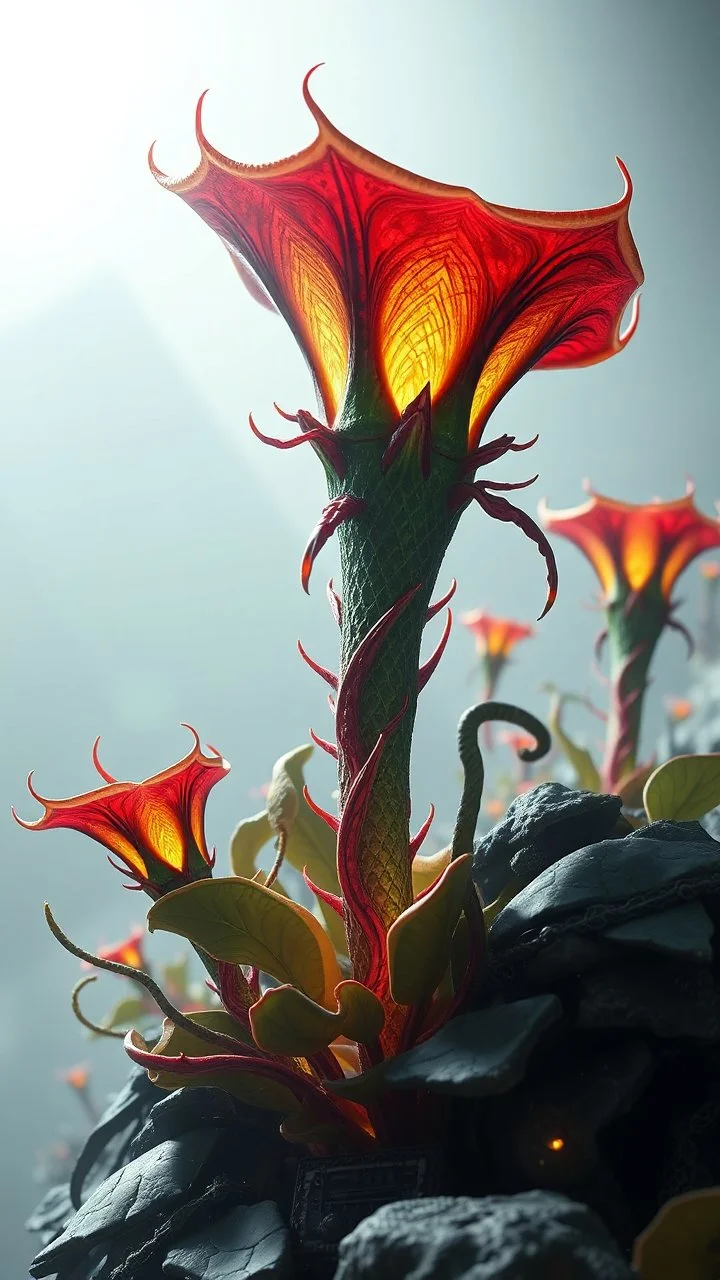 "3D HR Complex Unique and Beautiful Bioluminescent Carnivorous Plants, a breathtaking frontier fantasy artwork by Android Jones, Jean Baptiste monge, Alberto Seveso, Erin Hanson, Jeremy Mann. Minimalist highly detailed and complex professional_photography, masterpieces, 8k resolution concept art, Artstation, tricolor, Unreal Engine 5, cgsociety" Highly detailed ArtStation Concept Art Clear Focus Smooth cinematic 4K epic Details Serious Stoic ARTgerm AN's mature art. Bosch painting style,Busch