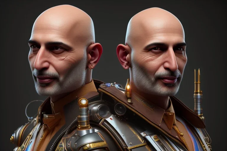 portrait of a bald and shaved Atul Bhardwaj, steampunk, brown eyes, no facial hair, steampunk, unreal 5, octane render, cinema4d, dynamic lighting, soft lighting, 4k, redshift render, highly detailed, hyper realistic