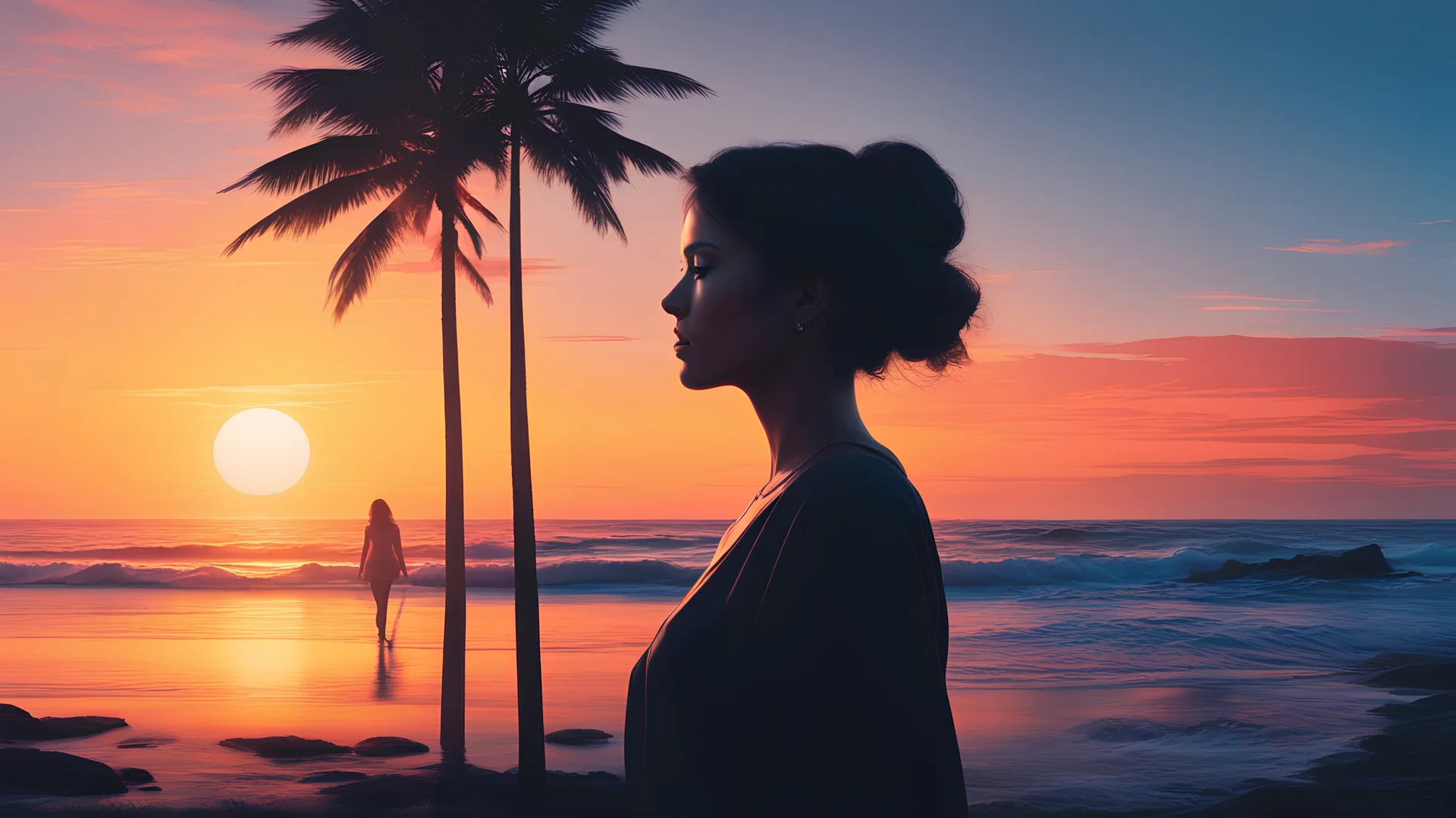 a double exposure that combines a female silhouette with sunset coast, sunset coast as the underlying backdrop, crisp lines, the background is monochrome, sharp focus, double exposure, full color, unreal engine, greg rutkowski, loish, rhads, beeple, makoto shinkai and lois van baarle, ilya kuvshinov, rossdraws, tom bagshaw, alphonse mucha, global illumination, detailed and intricate environment