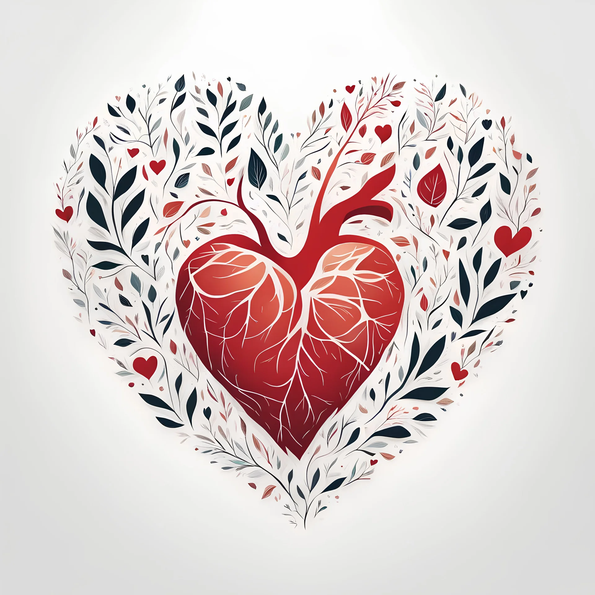 "heart" The image is a minimalistic illustration on a pure white background. the area around the heart is filled with leaves. Use elongated contours.