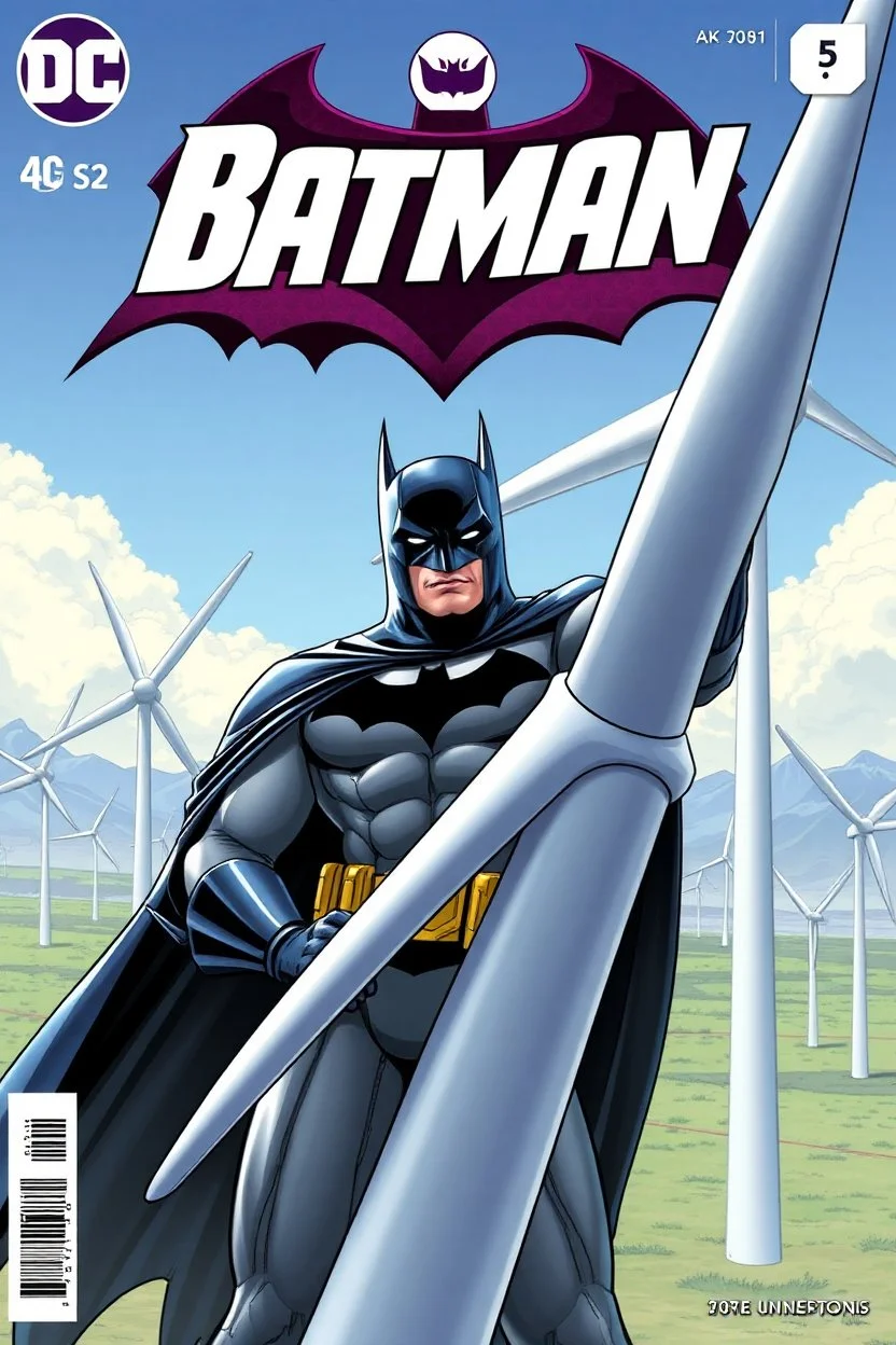 dc comics cover, batman holding an entire wind turbine, wind farm in the background, very high quality, highly detailed, 4k