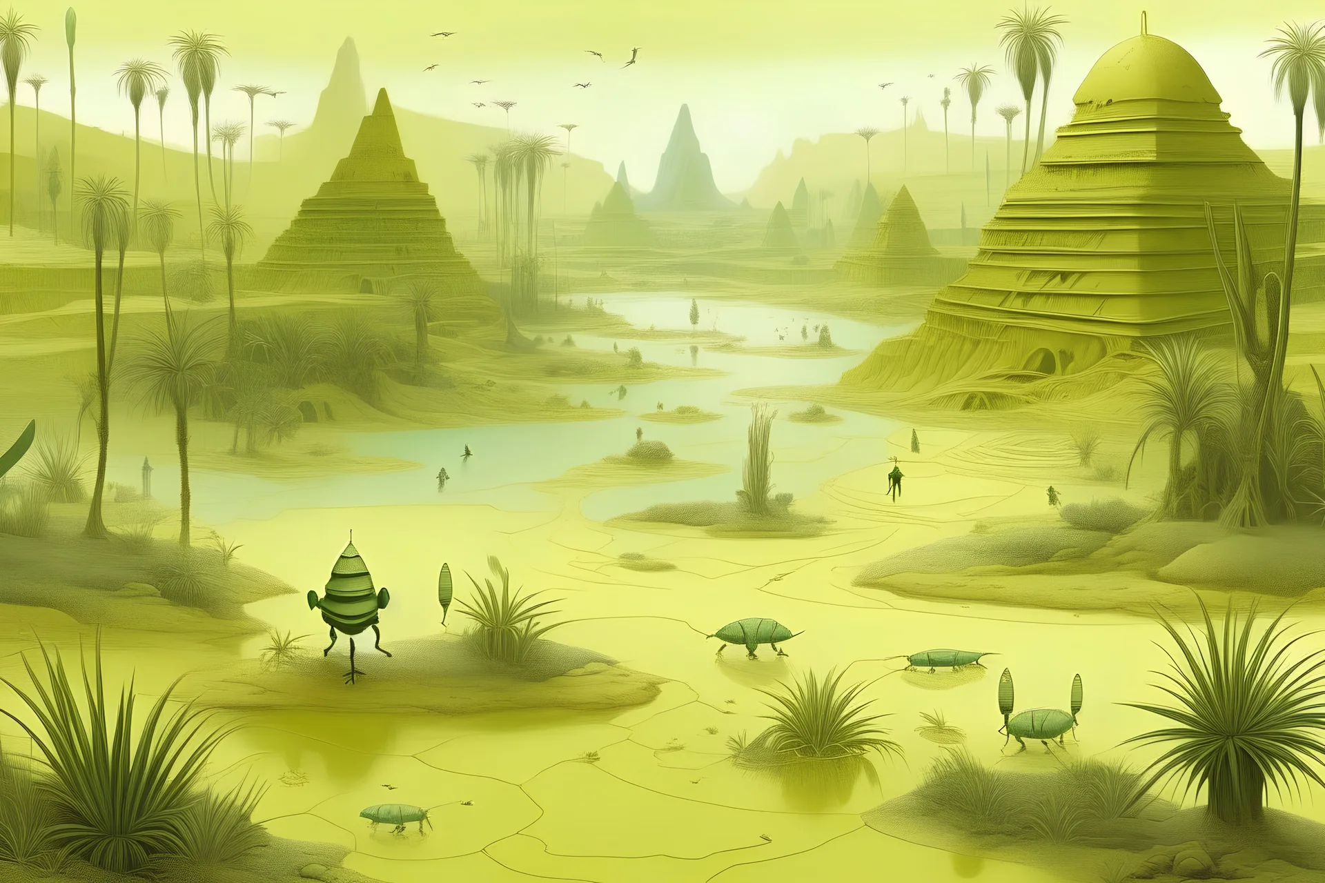 A light yellowish green swamp with bugs in daylight designed in ancient Egyptian hieroglyphics painted by Zhang Lu